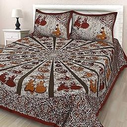 Queenie 144 Tc 100% Cotton Rajasthani Traditional Printed Bedsheet for Double Bed with 2 Pillow Covers-15