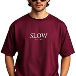 Oversized T-Shirt with 'Slow' Print, Burgundy, Casual Crew Neck-image-31