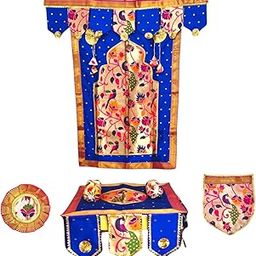 Decorative Paithani Backdrop Set | Chaurang Cover | Toran | Leaf and Kalash Mat | Royal Blue and Gold-image-30