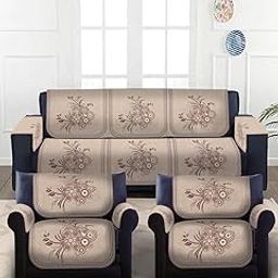 Multitex 5 +armSeater Printed Velvet Ethnic Design Sofa Cover Set-Beige-image-1