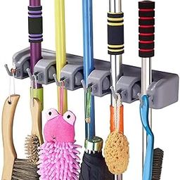 T TOPLINE Mop and Broom Holder; Upgraded with Effective Strong Holding 5 Slot Position with 6 Hooks Garage Storage up to 11 Tools Wall Mounted; Organize Ideas; Standard Size (Broom Holder)-image-86