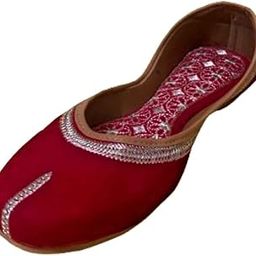 Women's Traditional Punjabi Jutti, Red Velvet with Embroidery and Rhinestones-image-45