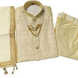 ​Boys' Traditional Indian Sherwani Set, Cream Colour with Gold Embroidery, Pearl Beaded Necklace and Dupatta, 3-Piece Ethnic Wear-image-86