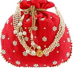 Heart Home Ethnic Clutch Silk Potli Batwa Pouch Bag with Beadwork Gift for Women (Pink) - CTHH13646,Standard-23