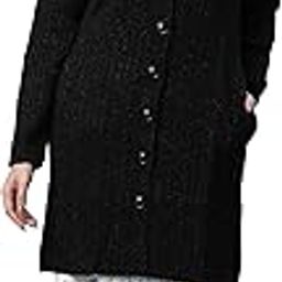 Women Black With Black Shiny Yarn Acrylic Lurex Solid Yarn Dyed Straight Long Coat-picture-12