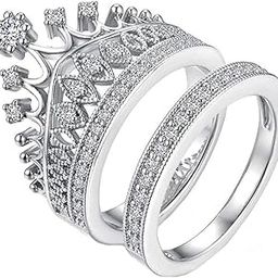 Rings for Women White Crystal Ring Luxury Looks Silver Plated Crown Ring Set for Women and Girls Valentine Gift for Girls-0