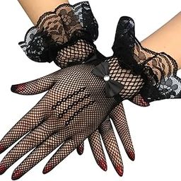 Lace Fishnet Gloves with Bow, Black Mesh Bridal Gloves with Ruffled Cuffs-image-93
