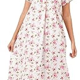 Woman's Floral Printed Calf Length Nighty Nightdress Pure Cotton Pink-image-57