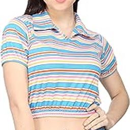 Cotton Stripes Polo Neck top Regular fit with Half Sleeves for Girl's & Women (Free Size)-picture-39
