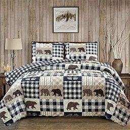 Market & Place 2 Piece Reversible Quilt Set with Sham | Twin Cabin Comforter Set | Rustic Bear Buffalo Check Lodge Bedding | Orson Collection (Twin, Navy/Taupe)-0