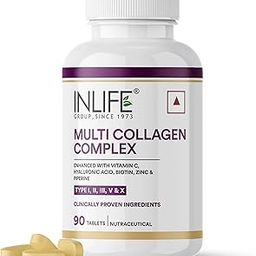 INLIFE Multi Collagen Complex Tablets | 5 Types Peptides I, II, III, V & X with Biotin, Hyaluronic Acid | Collagen Powder Supplements for Women & Men - 90 Tablets (Pack of 1, 90)-7