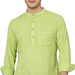 Mens Cotton Slub Lime Green Color Mandarin Collar Full Sleeves Short Kurta-image-75