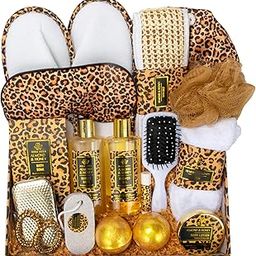 Bath Gift Set for Women and Men, 20 Pcs Set Honey & Almond Leopard Spa Gift Basket for Valentines Day Mothers Day Birthday, Home Spa Kit Gift Set with Lotion, Bath Bombs, Eye Mask, Belt, Umbrella-13