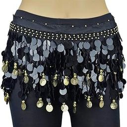 FDF Black Belly dance Chiffon Hip Scarf Wrap Belt Tribal Coin Sash Gold Coins1-image-4