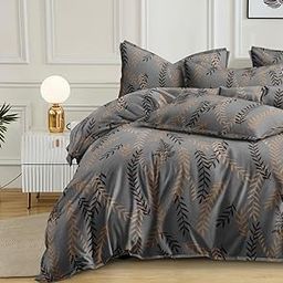 Furnistitchs Luxurious Cotton Blend Duvet Cover Comforter Cover Quilt Cover Razai Dohar Blanket Covers for Single Bed with Zipper Closure (60x90 inches with 2 Pillow Covers, Charcoal Leaves)-image-97