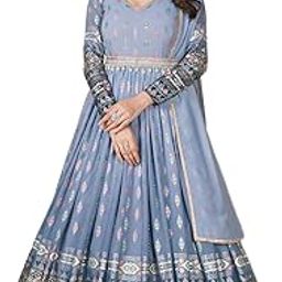 Light Blue Faux Georgette Metalic Multi Foil Work Stitched Gown with Dupatta for Women-image-53