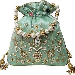 Pearl-Zardosi Potli Bag Hand Embroidery Drawstring Potli Women's Handbag Purse With Pearl Handle & Tassel Purse-image-78