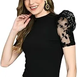 sfoty Black Solid Top with Puff Floral Net Sleeves-picture-17
