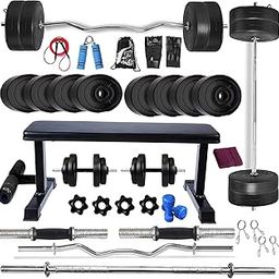 BODYFIT Home Gym Set Combo Kit, Equipment, (20Kg-100Kg) Weight Plates, 3Ft Curl, 5Ft Plain Rod, Flat with Leg Bench,2 x Dumbbell Rods,Fitness Exercise Set. (50 Kg Set)-14