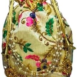 Floral Embroidered Potli Handbag, Gold Beaded Traditional Evening Purse, Ethnic Wedding Clutch with Pink and Green Embroidery-image-62