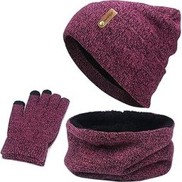 LR Decor E-Shop Women Winter Beanie Hat Scarf Hat Knitted Gloves Fleece Lining Rose red-image-61