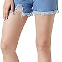 Women's Blue Relaxed Fit Distressed Mid Rise Ripped Fringed Hemline Denim Shorts-picture-16