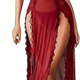 Sheer Lace Lingerie Gown, Long Split Front Women Lingerie Lace Babydoll Chemise Mesh Nightdress V Neck Nightwear Side Split Nightgown-picture-2