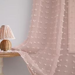 DANCURTON Cute Pom Pom Curtains for Girls Princess Room Semi Sheer Canopy Bed Butterfly Floral Boho 2 Panels for Bedroom Blush Pink Back Tab Voile Living Room Drapes 52 by 108 Inches Long-image-83