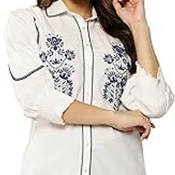 White Floral Embroidered Puff Sleeve Cotton Linen Shirt Style Top for Women-image-1