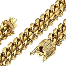 Mens Miami Cuban Link Chain 18K Gold 15mm Stainless Steel Curb Necklace with cz Diamond Chain Choker-image-31