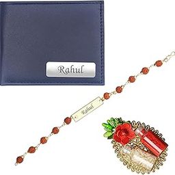Personalized Solid Leather Name Wallet, Rudraksh Rakhi & Roli Chawal Gift Set With Message Card, Best Rakshabandhan Gift, Trendy Rakhi Combo For Brother, Bhaiyya, etc (Blue)-picture-23