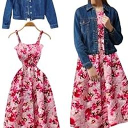 Women's Green Floral Print Maxi Dress, White Denim Jacket-image-68