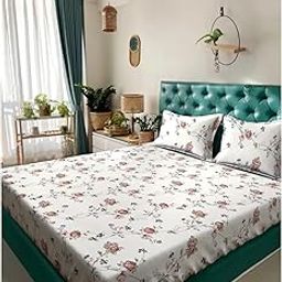 Klotthe Beige Floral 300 TC Cotton Blend Double Bedsheet in Book Fold Packing-image-3