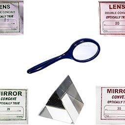 FUN + LEARN 50mm Premium Optical Glass Concave and Convex Mirror, Lens, Prism + Plastic Magnifying Glass for DIY Experiments (White), for Kids-image-6