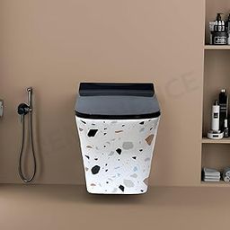 REMANENCE Ceramic Wall Mount Western Toilet Commode for Bathrooms | Moroccan Design With Soft Close Seat Cover (RWH02, 51 x 35.5 x 33.5 cm)-image-62