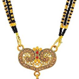 Stylish Gold Plated Heart Motif Mangalsutra with Red Stones and Dual Black Bead Strands-4