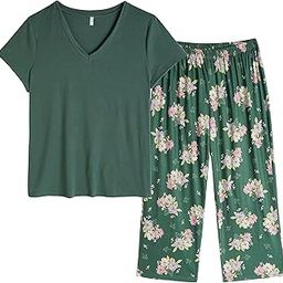 Women's Pajamas Set Soft V Neck Sleepwear Top and Capri Pj Lounge Sets Cartoon Heart Shape Cat Nighty Plus Size-picture-16