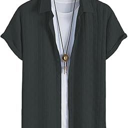 Men's Solid Short Sleeve and Button Up Lapel Shirt with Textured Fabric (2028)-2