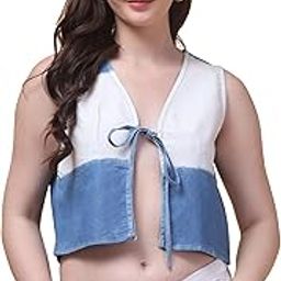 Hive91 Women’s Blue & White Colorblock Sleeveless Crop Top | V-Neck, Tie-Up Bralette-Style Cotton Denim Top-image-12