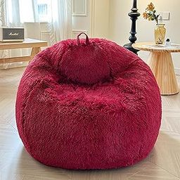 XeGe Faux Fur Bean Bag Cover(No Filler), Fluffy Stuffed Animal Storage Bean Bag Chair Cover for Bedroom Home Decor, Furry Fuzzy Big Gaming Bean Bag Cover for Adults Teens Kids Girls, Anti-slip, Red-image-7