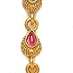 Matte Gold Plated Traditional Ruby and Emerald Stones Embellished Antique Maang Tikka/Maang Tika with Pearl Drop for Women and Girls Pack of 1| Gifting for Karwachauth |-image-18