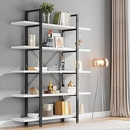 Priti 5-Tier Bookshelf, Vintage Industrial Style Bookcase 72 H x 12 W x 47L Inches, White-image-93