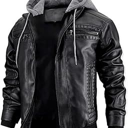 Men's Black Faux Leather Jacket with Zipper, Multiple Pockets, and Removable Hood Design-image-3