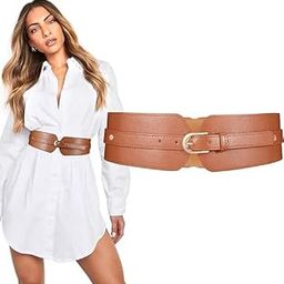 H&HGOLDI Fashion PU Width Belt, Elastic Stretchy Wide Belt Retro Leather Waist Belt, Elastic Wide Stretch Wrap Buckle Waistband Waist Belt for Blouse Blazer Dress-image-81