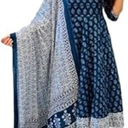 Women's Printed Rayon Anarkali Kurti Set with Dupatta & Bottomwear | 3/4 Sleeve Ethnic WearColor Blue-13