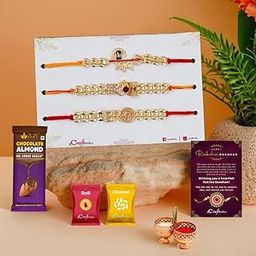 eCraftIndia Set of 3 Golden Red Lord Shiv, Damru Om, Bro Designer Rakhis for Brother Bhaiya Bhai Kids | Rakhi With Chocolate Almond | Raksha Bandhan Greeting Card | Roli Chawal Pack-78