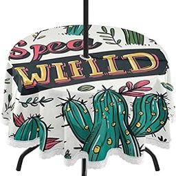 Wajiw 60 Inch Indoor Outdoor Round Tablecloth with Umbrella Hole and Zipper Waterproof Patio Table Cover for Camping Dining Room Party Outdoor Picnic,Cactus-image-89