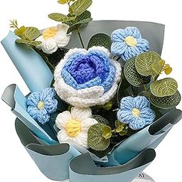 MERISHOPP Knitted Flower Bouquet Ornament Knitting Flower for Birthday Wife Girlfriend Blue| Artificial Flower Bouquet | Floral Décor for Home-16