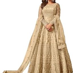 Women's Net Semi Stitched Gown Top With Satin Silk Fabric Bottom & Net Dupatta Embroidered Anarkali Dress-picture-1