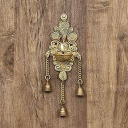 eCraftIndia Antique Finish Decorative Handcrafted Brass Wall Hanging Diya with Bells-image-4